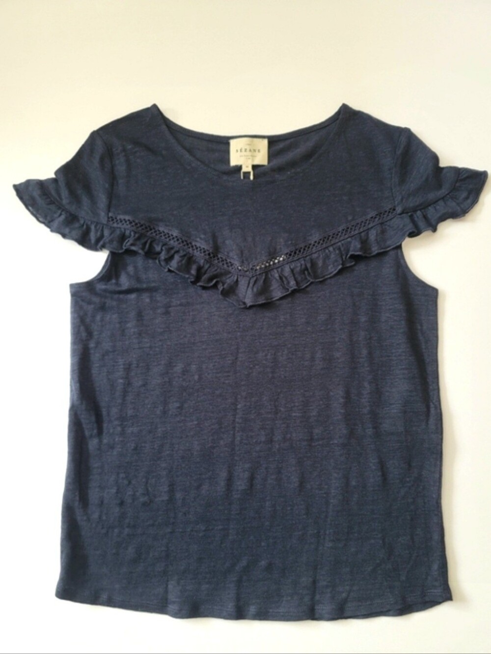 NWT Sezane Coralie Ruffle Detail Navy/Marine Linen T-shirt, M, Parisian Romantic